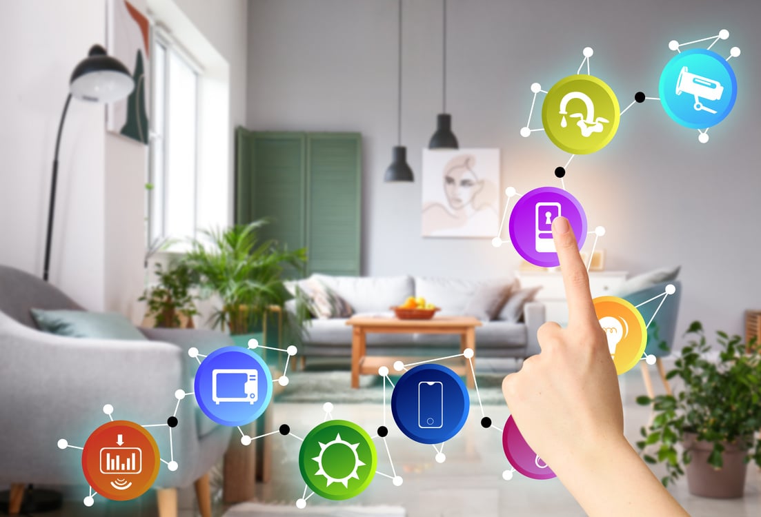 Woman Using Futuristic Interface of Smart Home Automation Indoors